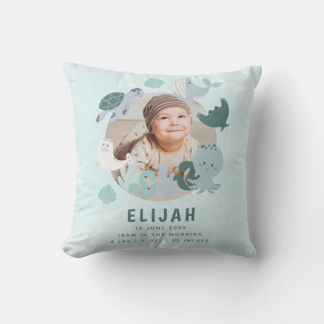 Boys Blue Under The Sea Birth Stats Custom Photo Throw Pillow (Front)