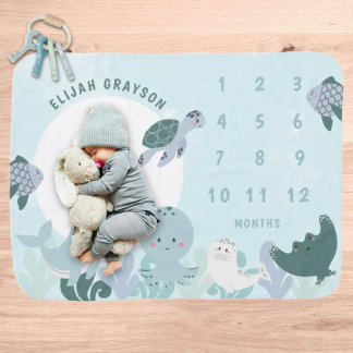 Boys Blue Under The Sea Monthly Milestone Baby Blanket