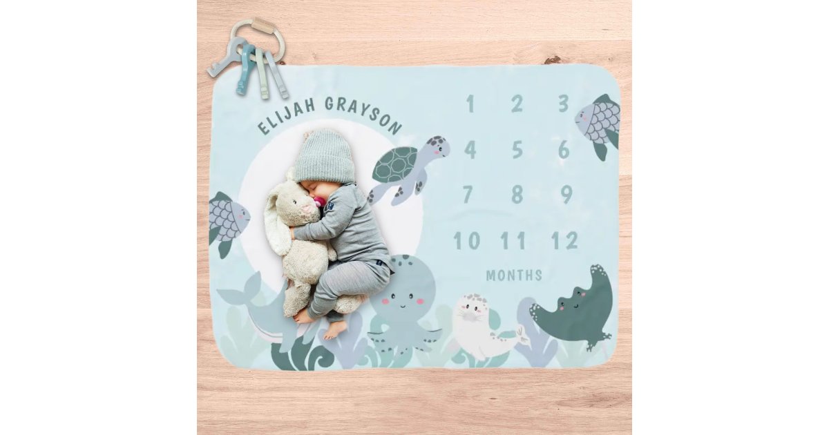 Boys Blue Under The Sea Monthly Milestone Baby Blanket | Zazzle