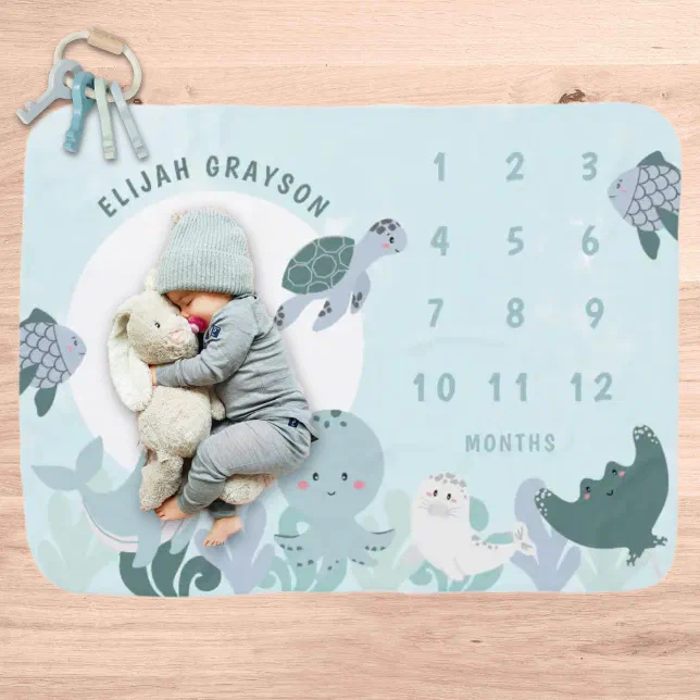 Boys Blue Under The Sea Monthly Milestone Baby Blanket | Zazzle