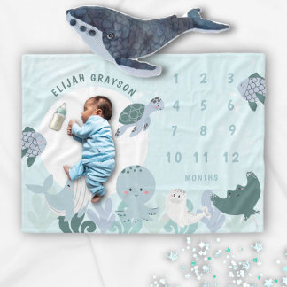 Boys Blue Under The Sea Monthly Milestone Baby Fleece Blanket
