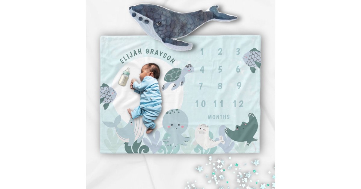Boys Blue Under The Sea Monthly Milestone Baby Fleece Blanket | Zazzle