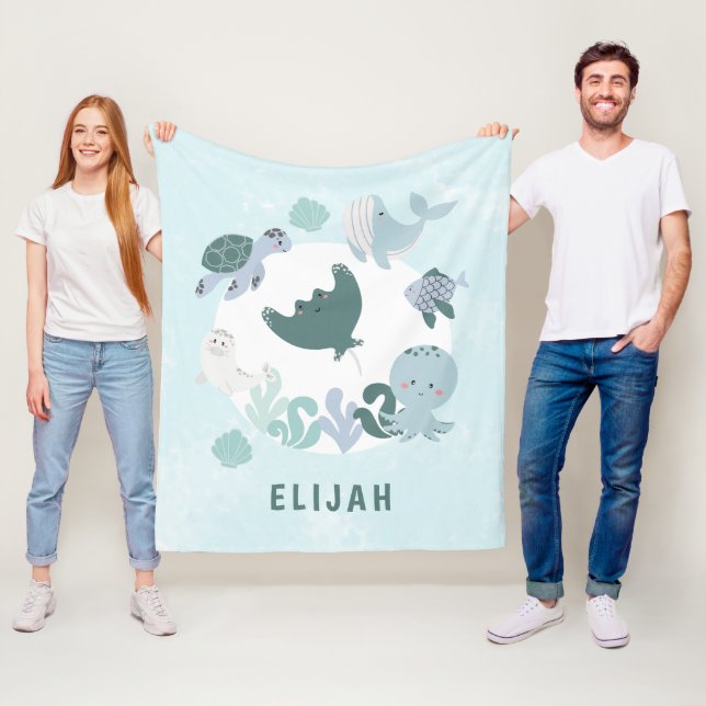 Boys Blue Under The Sea Ocean Animals Kids Fleece  Blanket (In Situ)