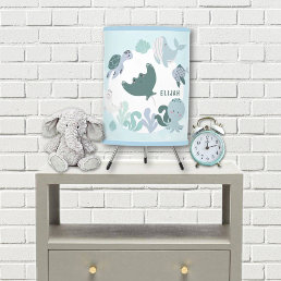 Boys Blue Under The Sea Ocean Animals &amp; Name Kids Tripod Lamp