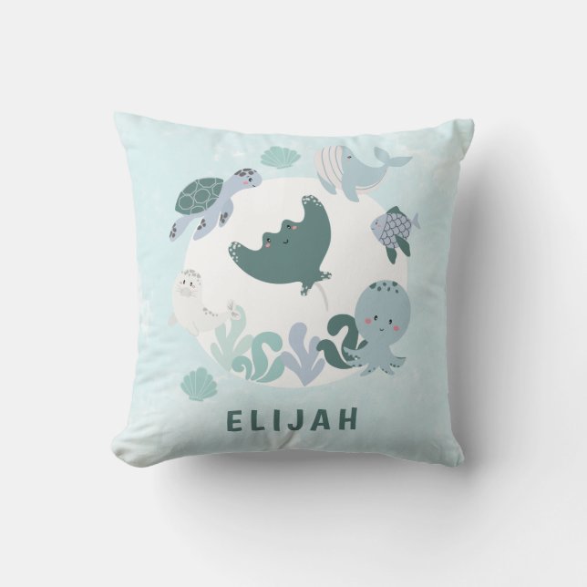 Boys Blue Under The Sea Ocean Animals WIth Name Throw Pillow (Front)