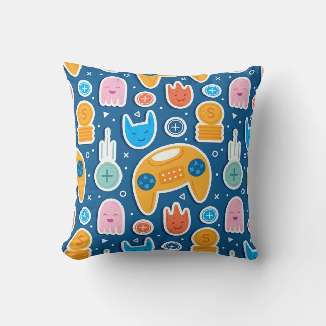 Boys Blue Video Game Seamless Pattern Throw Pillow (Front)