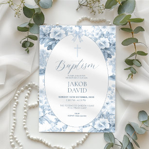 Boys Blue Vintage Floral Toile Baptism Invitation
