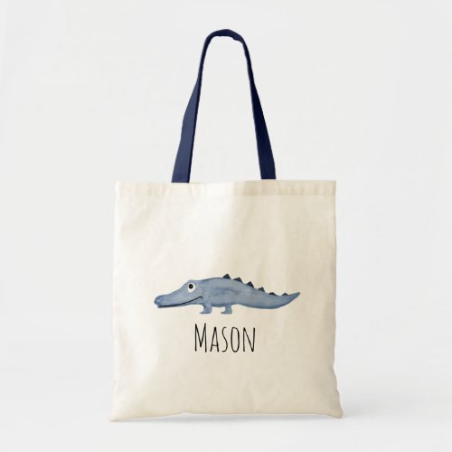 Boys Blue Watercolor Baby Crocodile Safari Name Tote Bag