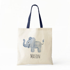 Boy's Blue Watercolor Baby Elephant Safari Name Tote Bag