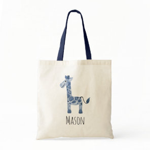 Boy's Blue Watercolor Baby Giraffe Safari and Name Tote Bag