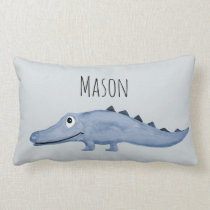 Boys Blue Watercolor Crocodile Safari Baby Nursery Lumbar Pillow