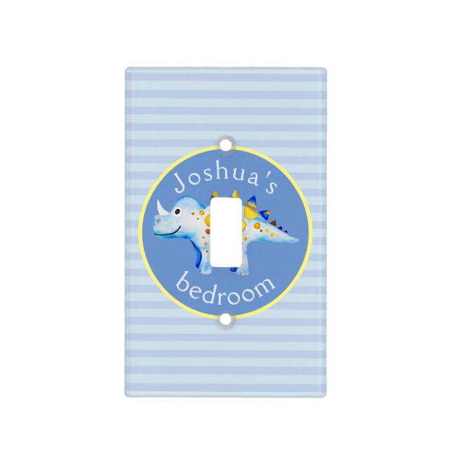 Boys Blue Watercolor Dinosaur and Name Kids Light Switch Cover (Front)