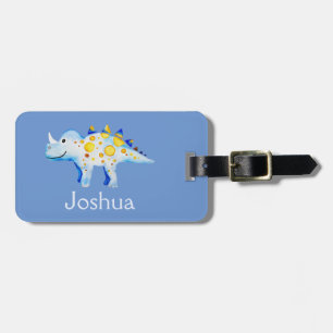 Boys Blue Watercolor Dinosaur and Name Kids Luggage Tag