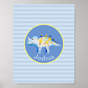 Boys Blue Watercolor Dinosaur and Name Kids Poster