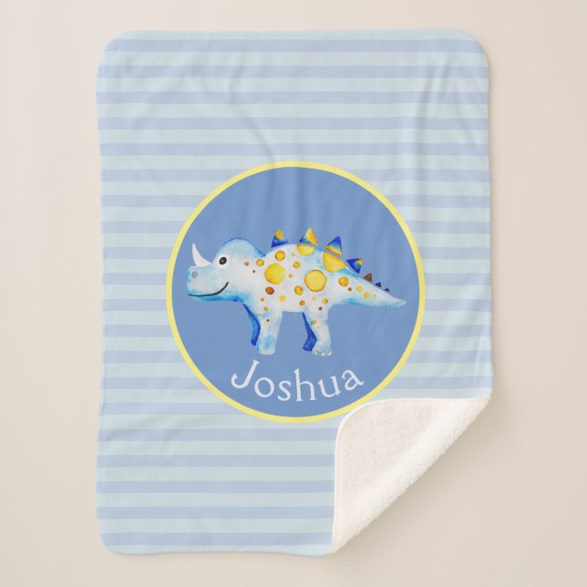 Boys Blue Watercolor Dinosaur and Name Kids Sherpa Blanket (Front)