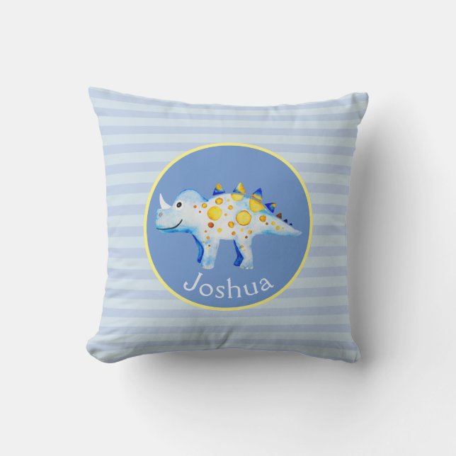 Boys Blue Watercolor Dinosaur and Name Kids Throw Pillow (Front)