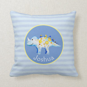 Boys Blue Watercolor Dinosaur and Name Kids Throw Pillow