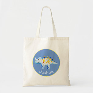 Boys Blue Watercolor Dinosaur and Name Kids Tote Bag