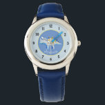 Boys Blue Watercolor Dinosaur and Name Kids Watch<br><div class="desc">This cute and whimsical design features a hand painted blue and gold watercolor dinosaur with a blue background,  and can be personalized with your boy's name. Perfect for any dinosaur loving kid's first watch. Check out our store for other gorgeous designs!</div>