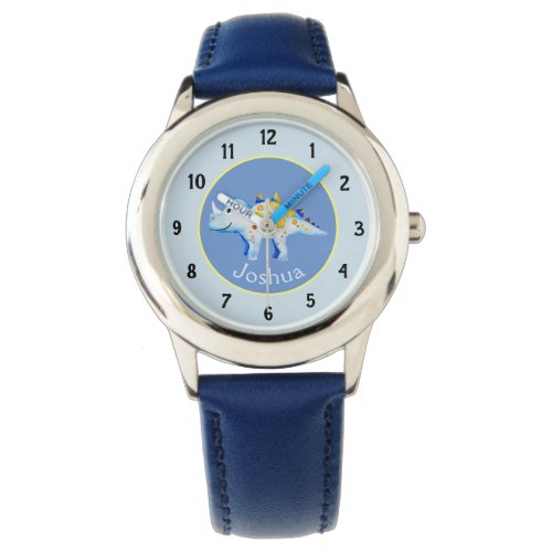 Boys Blue Watercolor Dinosaur and Name Kids Watch