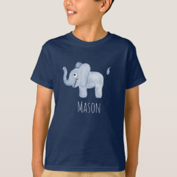 Boy&#39;s Blue Watercolor Elephant Safari with Name T-Shirt