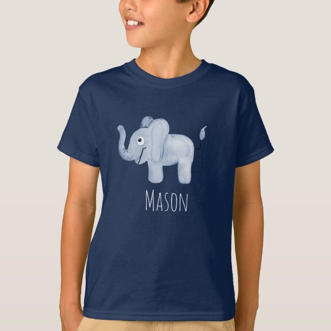 Boy's Blue Watercolor Elephant Safari with Name T-Shirt (Front)