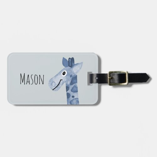 Boys Blue Watercolor Giraffe Safari and Kids Name Luggage Tag