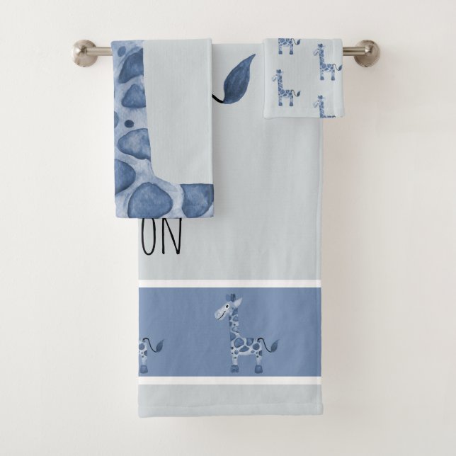 Boy's Blue Watercolor Giraffe Safari Baby/Child's Bath Towel Set (Insitu)