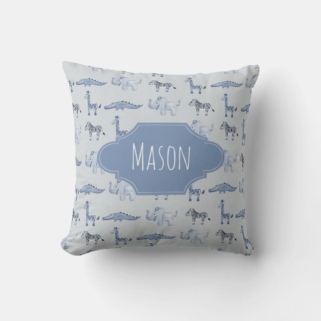 Boy's Blue Watercolor Jungle Safari Baby Nursery Throw Pillow (Front)