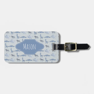Boy's Blue Watercolor Safari Pattern Kids Name Luggage Tag