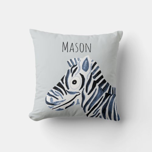 Boys Blue Watercolor Zebra Safari Baby Nursery Throw Pillow
