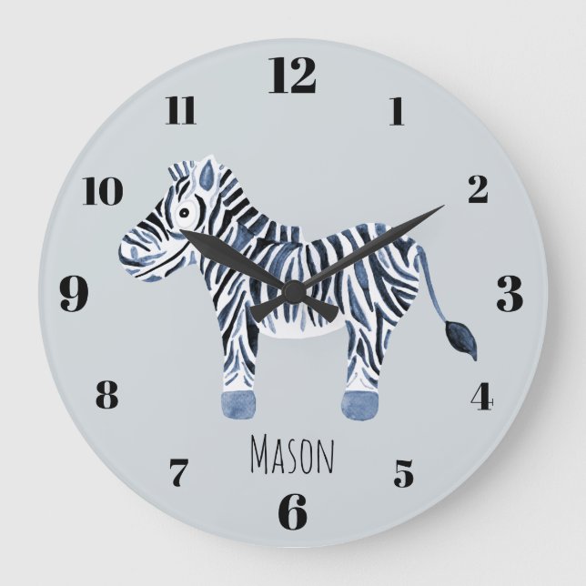 Boy's Blue Watercolor Zebra Safari Nursery Name Large Clock (Front)