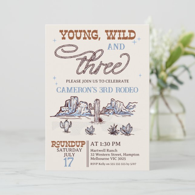 Boys Blue Western Young Wild Three 3rd Birthday Invitation (Standing Front)
