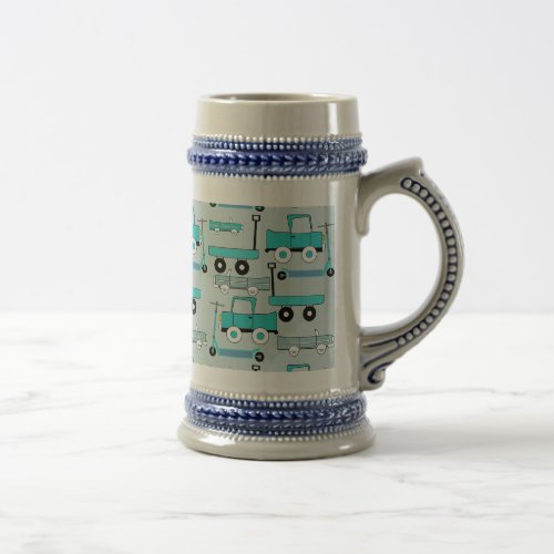 Boys Blue Wheels Retro Scooters Cars Wagons Trucks Beer Stein