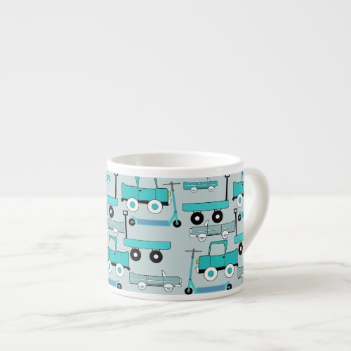 Boys Blue Wheels Retro Scooters Cars Wagons Trucks Espresso Cup