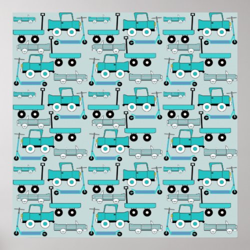 Boys Blue Wheels Retro Scooters Cars Wagons Trucks Poster