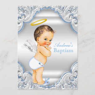 Boys Blue White Angel Boy Baby Baptism Invitation