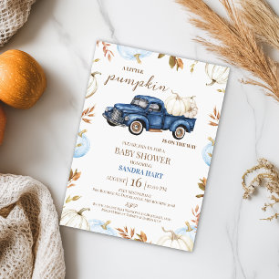 Boys Blue White Fall Pumpkin Truck Baby Shower Invitation
