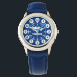 Boys blue white name wrist watch<br><div class="desc">Graphic art kids watch featuring a simple white car. Great for school age boys learning to read a clock as features both minutes and hours. Customise with your name example reads Thomas. Great for school and sports as features your boys name.</div>