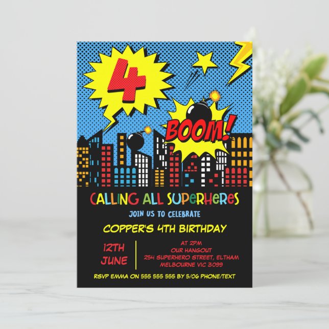 Boys Boom Comic Superhero 4th Birthday  Invitation (Standing Front)