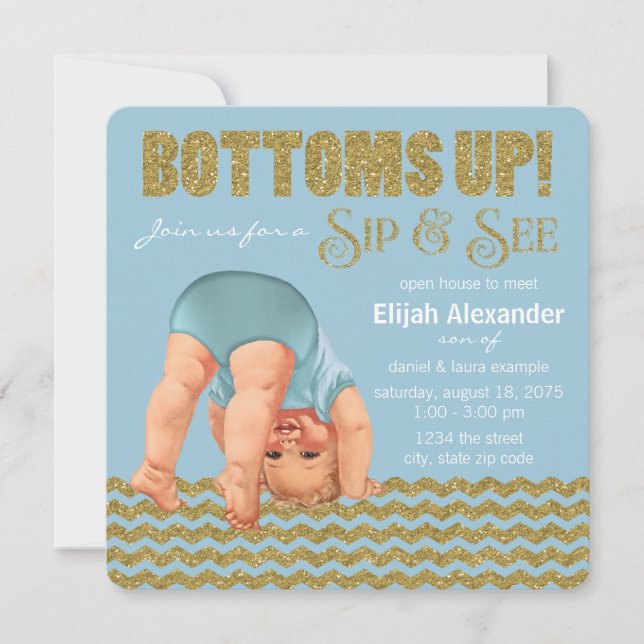 Boys Bottoms Up Sip and See Invitation (Front)