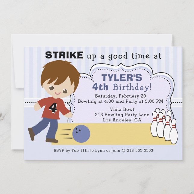 Boys Bowling Alley Birthday Party Invitation (Front)