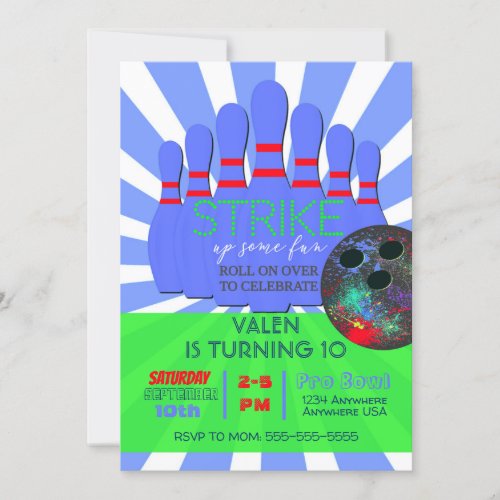 Boys Bowling Birthday Party strike bowl Invitation