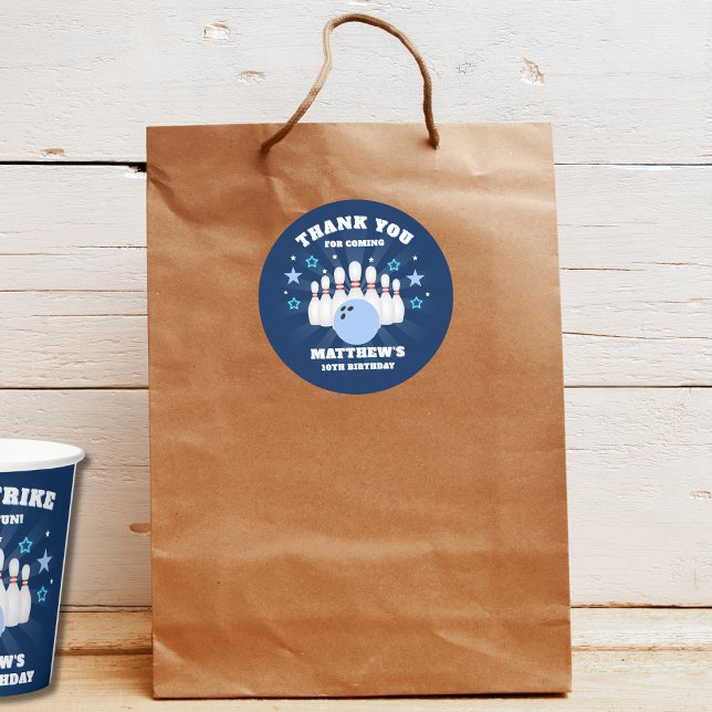 Boy's Bowling Birthday Party Thank You Classic Round Sticker (Creator Uploaded)