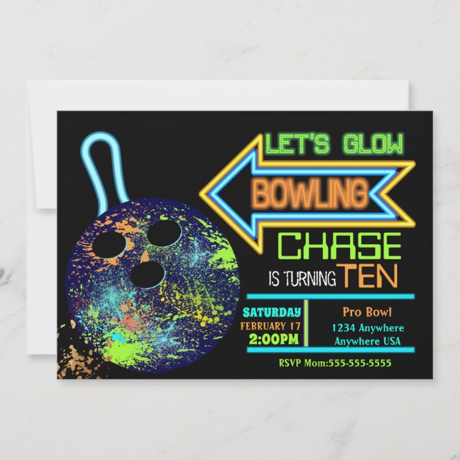 Boys Bowling party, Birthday Neon glow bowling Invitation (Front)