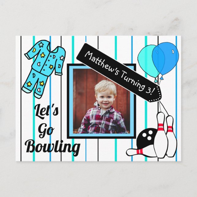 Boy's Bowling Themed Birthday Party Invitation Postcard (Front)