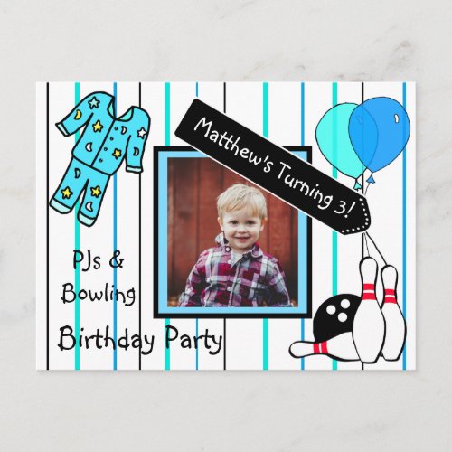 Boys Bowling Themed Birthday Party Invitation Postcard