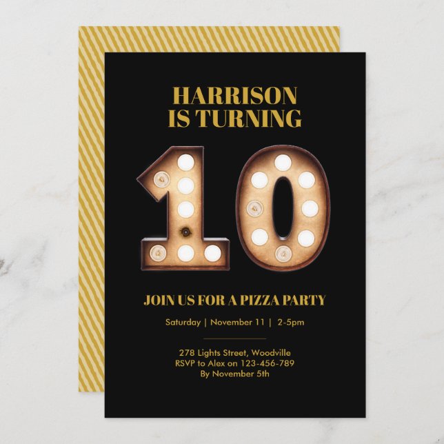 Boys Bright lights 10th birthday invitation (Front/Back)