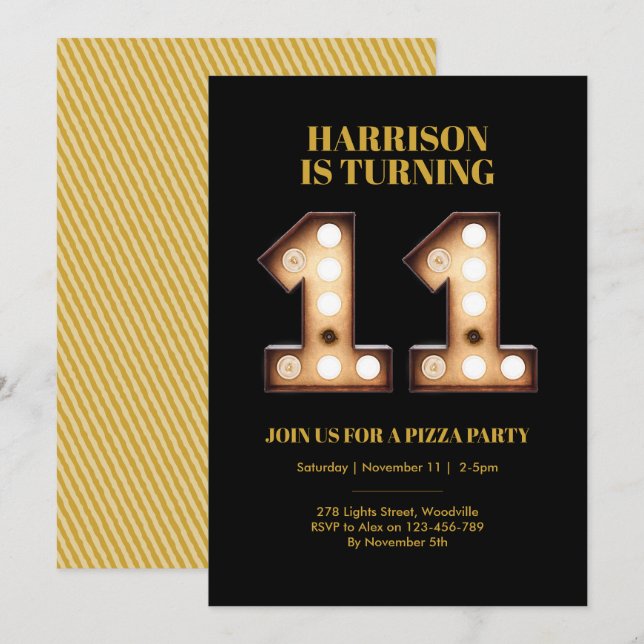 Boys Bright lights 11th birthday invitation (Front/Back)