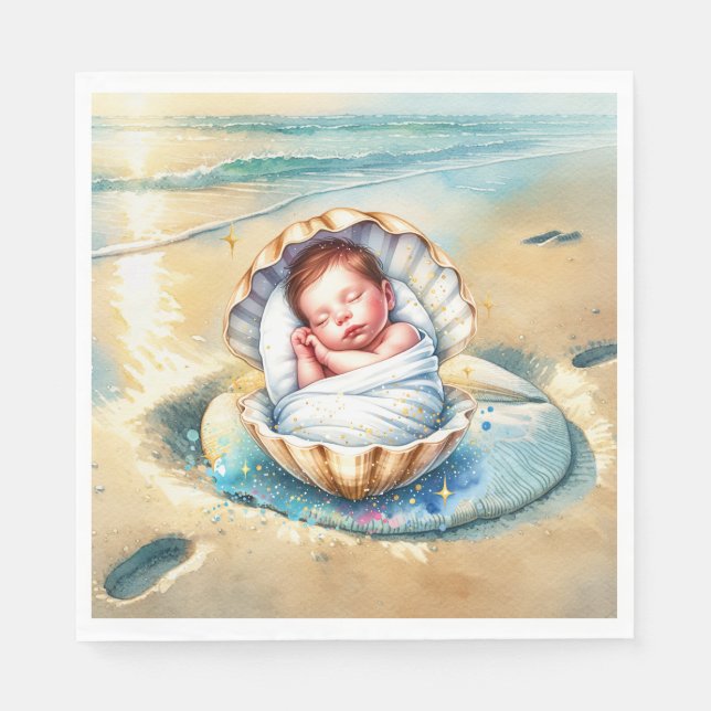 Boy's Brown and Blue Coastal Baby Shower Napkins (Front)